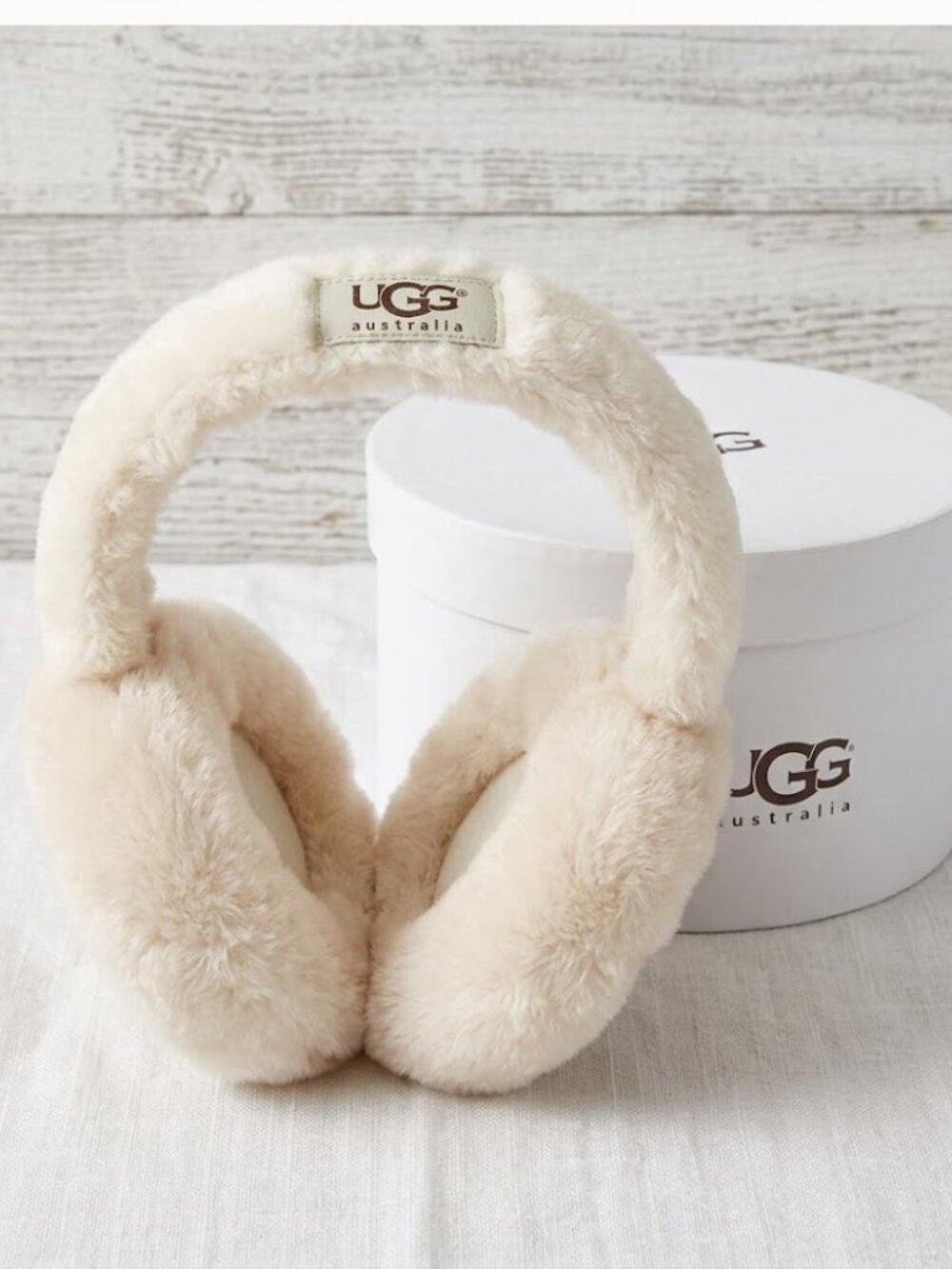 UGG Plush Cream Faux Fur Earmuffs in Gift Box Winter Accessory OS